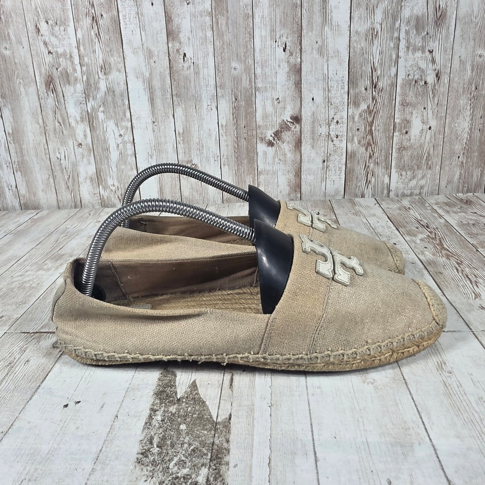 Tory Burch Tan Canvas Logo Espadrille Flats Womens Size 9.5 Beige Slip On Shoes
